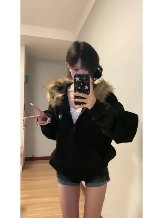 Deeptown Women Black Zip Up Hoodies Vintage Korean Preppy Style Faux Fur Coat Oversized Casual Sweatshirt Harajuku Autumn Winter