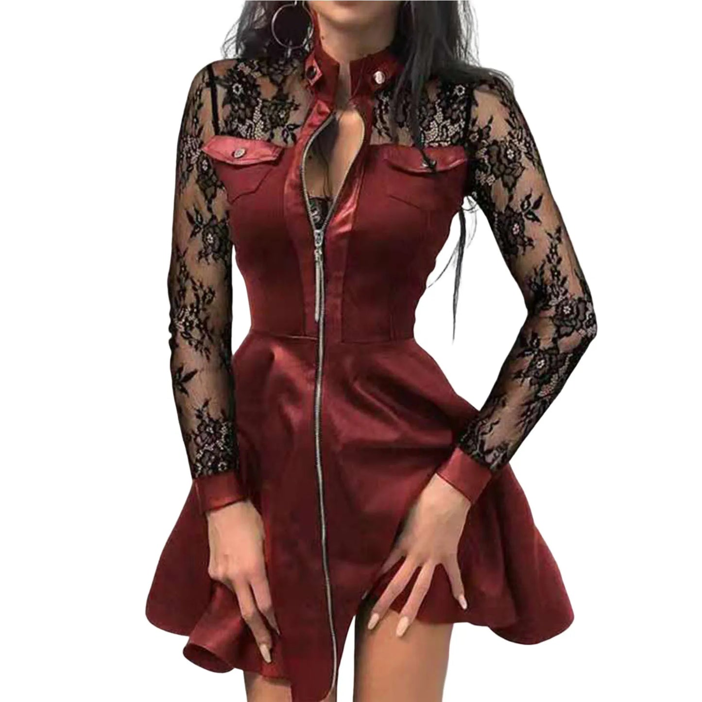 Women Long Sleeve Zipper Pocket Large Hem Faux Leather Lace Mini Dress Women's Clothing Elegant Fashion Party Dress vestidos 5XL Red