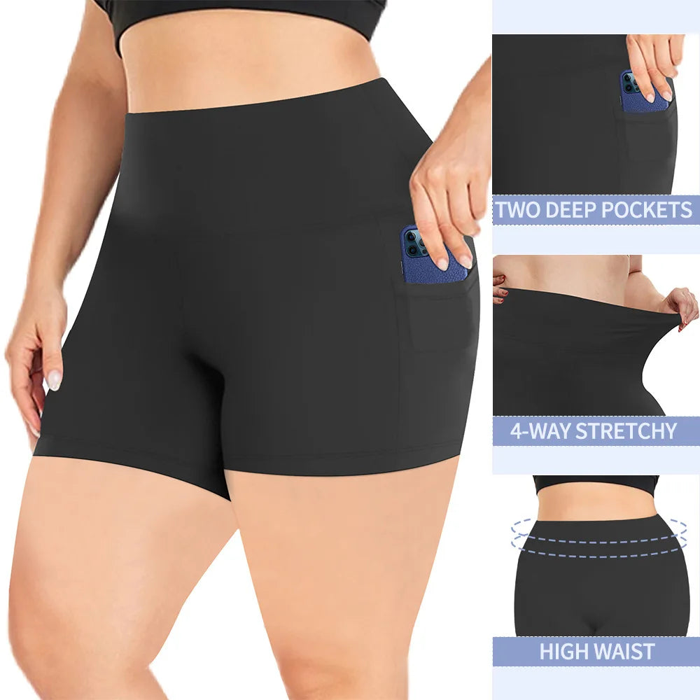 Plus Size Fit Yoga Shorts for Women's High Waist Side Pocket Workout Running Tight Stretchy Athletic Summer Fashion Slim Shorts