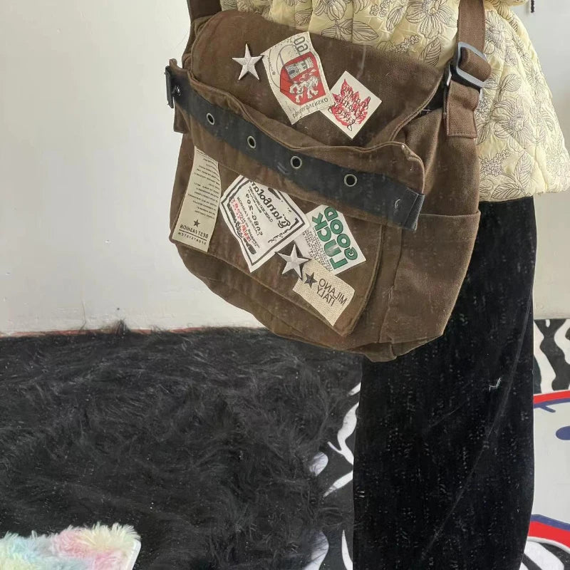 Y2k Vintage Canvas Messenger Bag Casual Preppy Crossbody Punk Patchwork Star Patch Shoulder American Fashion Retro Women Handbag