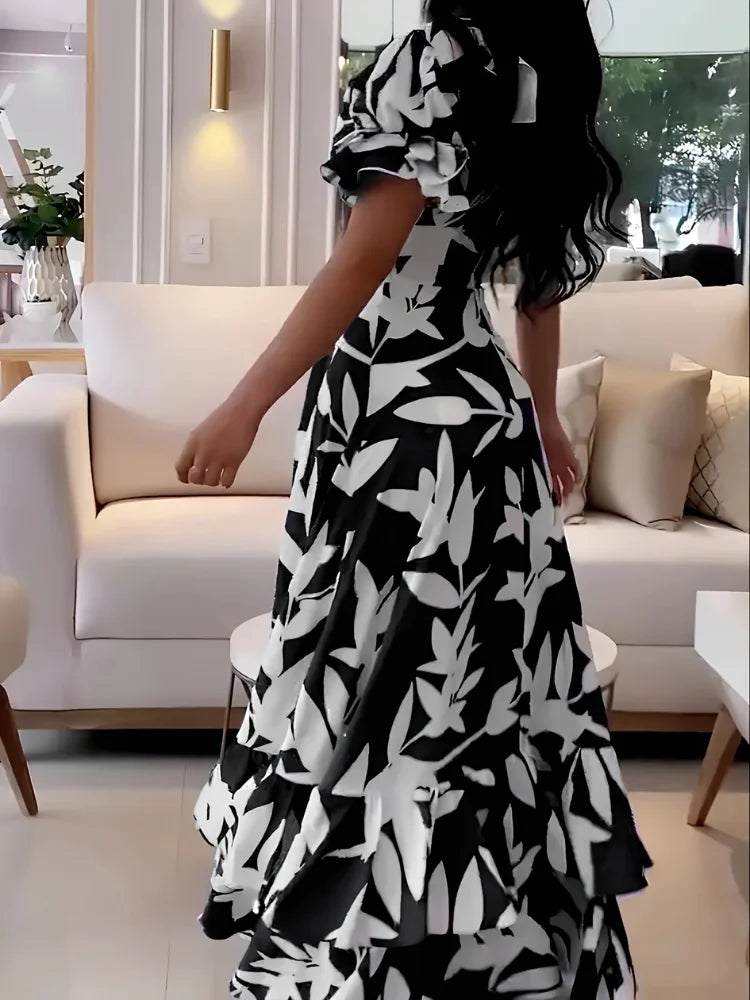 Wefads Women's Maxi Dress Fashion V-Neck Lantern Sleeve Sexy Print Party Elegant Long Evening Gown