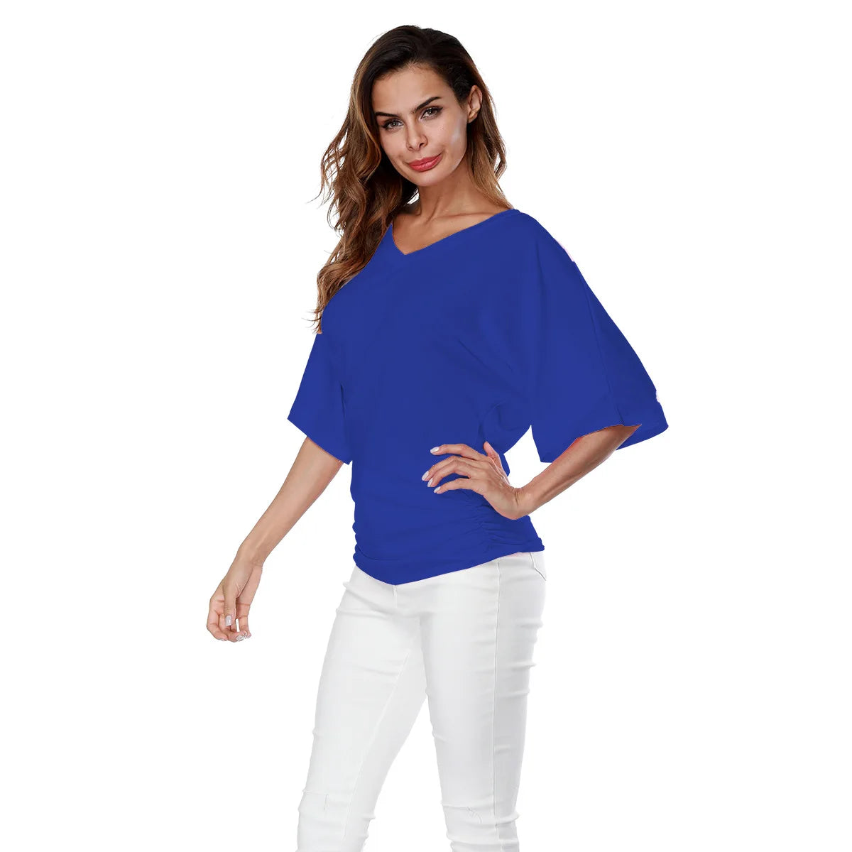 Women V Neck Short Sleeve Pleated Loose T-shirts Summer Lady Batwing Sleeve Oversized S-5XL Tee Shirt Tops OUYMFZ-A1375
