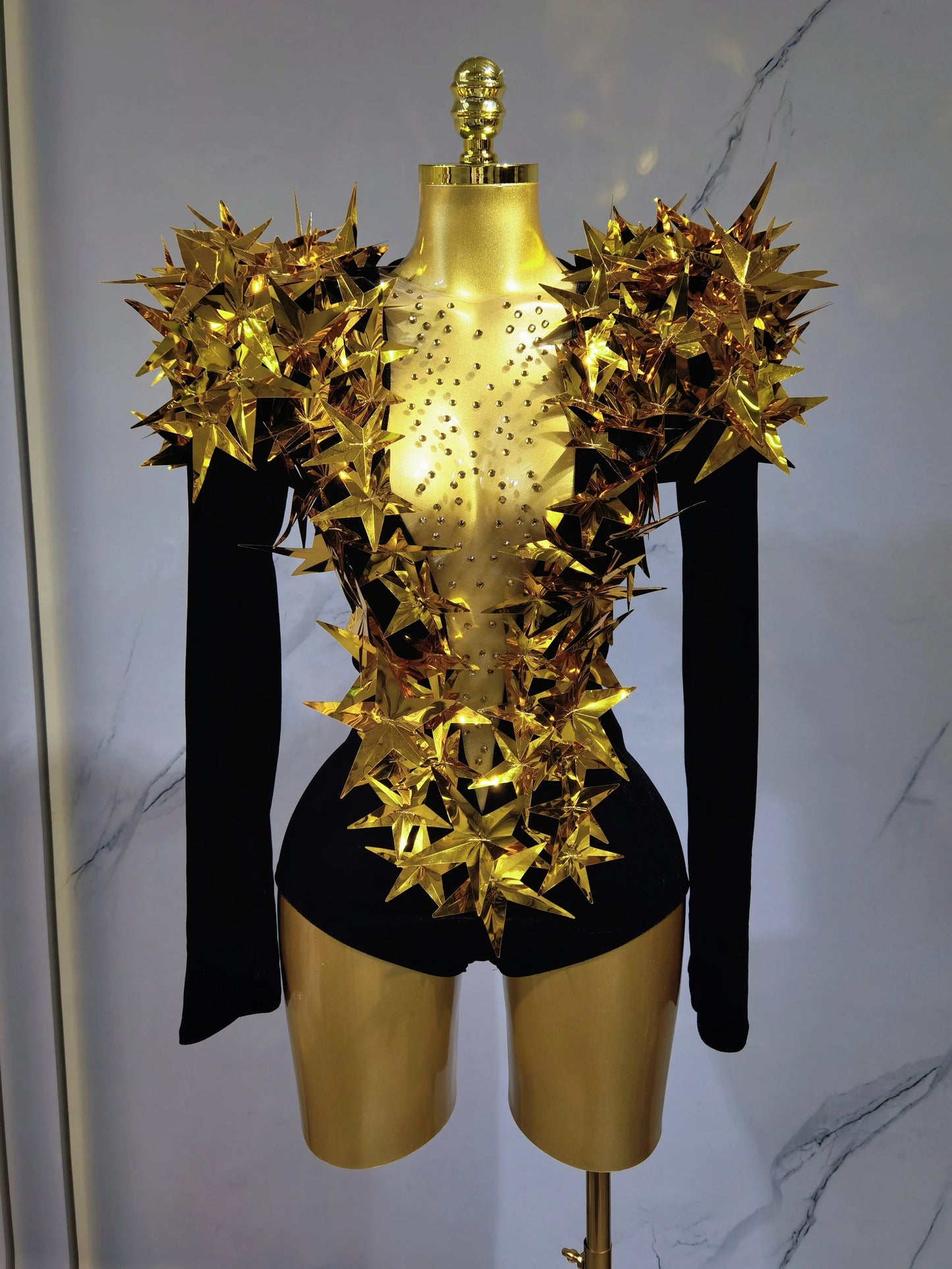 2025 New Shiny Black Rhinestone Velvet Long Sleeve Bodysuit Women Evening Party Club Gala Hosts NightClub Bar Stage Costumes Gold