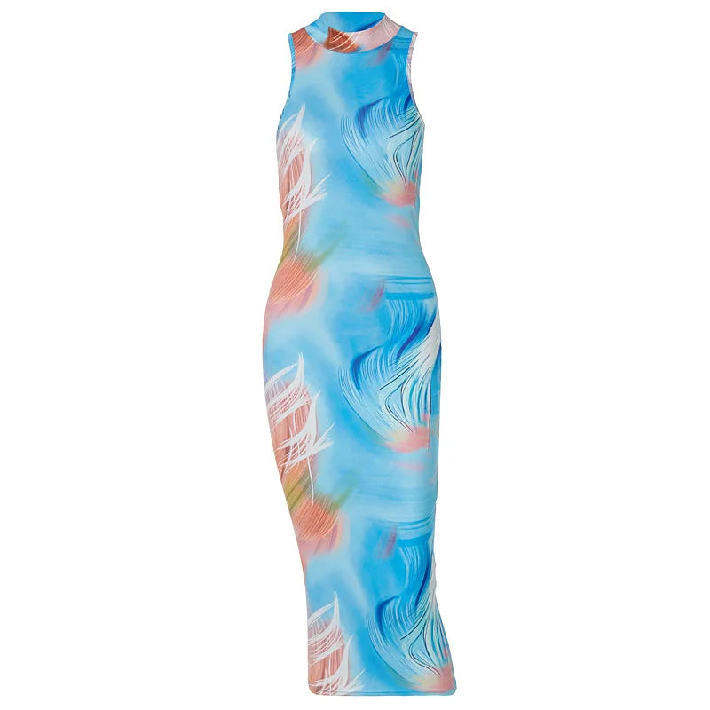 Hugcitar Tie Dye O Neck Sleeveless Backless Sexy Bodycon Slit Midi Dress 2023 Summer Women Fashion Clothes Y2K Streetwear Party