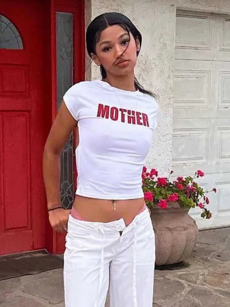 Joskaa Letter Printed Y2K T-Shirts Women Hipster Sexy O-Neck Short Sleeve Slim Crop Tops 2025 Summer Graphic Tees Streetwear White