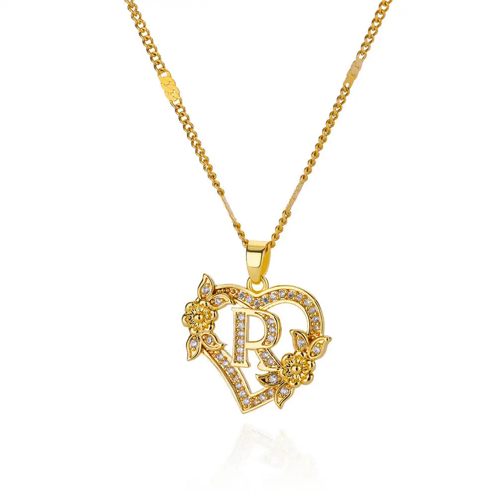 Zircon Flower Heart Initials Necklaces For Women Stainless Steel Heart Lover Gold Color Letter Chain Collar Necklace Jewelry R CHINA