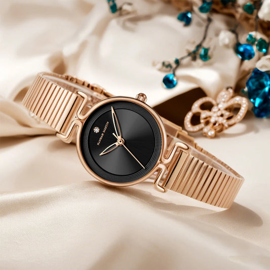 Women Quartz Watch Fashionable Simple Style Japanese Movement Rhinestone Rose Gold Stainless Steel Mesh Luxury Watch for Ladies