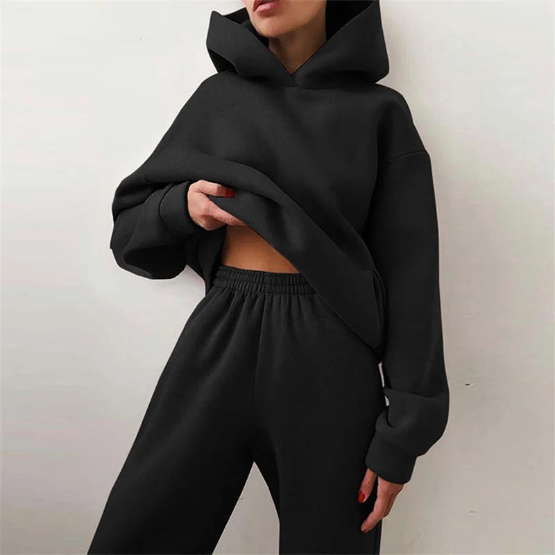 Women's Tracksuit Suit Autumn Fashion Warm Hoodie Sweatshirts Two Pieces Oversized Solid Casual Hoody Pullovers Long Pant Sets Black