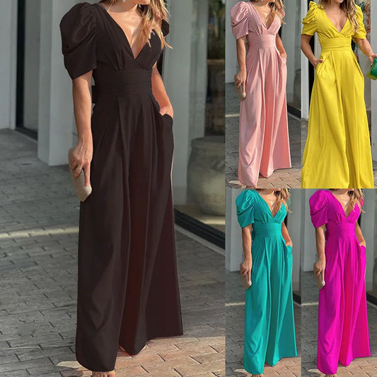 Women's Jumpsuit 2025 Autumn New Fashion Solid Color Full Sexy Clothing V-neck High Waist Loose Wide-leg Jumpsuits Playsuit Badiee Stylez