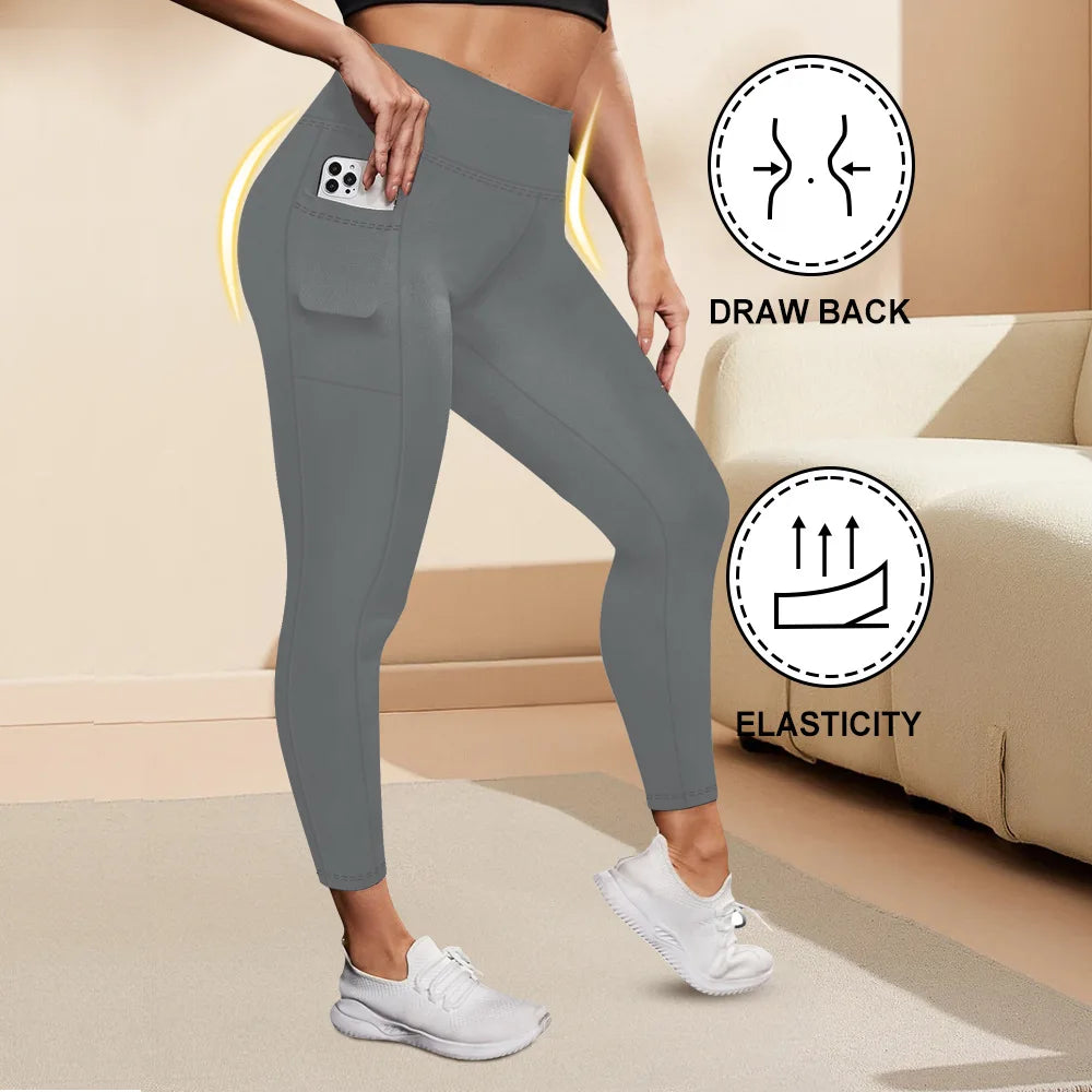 Women's High-Waisted Yoga Pants Plus Size Butt-Lifting Workout Leggings with Pockets Elastic Activewear for Gym & Running gray