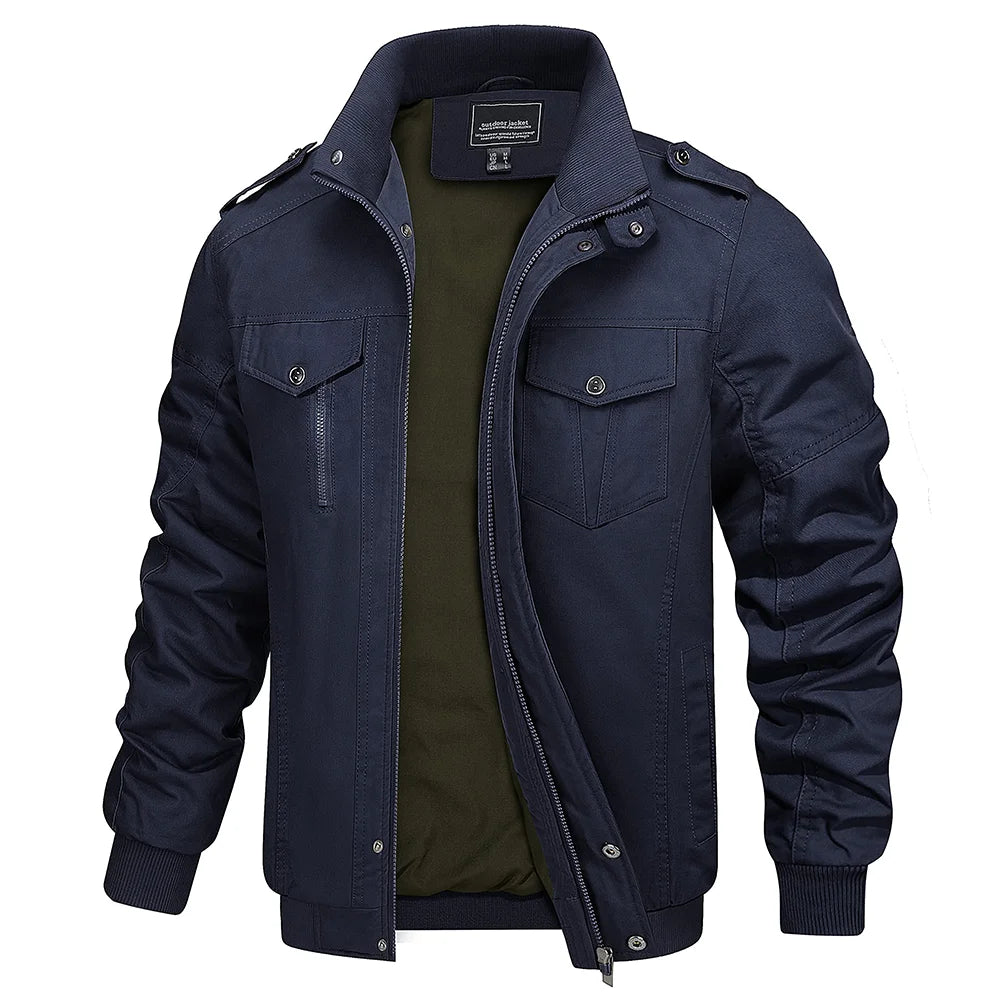 TACVASEN Full Zip Cargo Jacket Mens Retro Stand Collar Pilot Jacket Spring Autumn Lightweight Bomber Jacket Casual Outwear Navy Blue CHINA