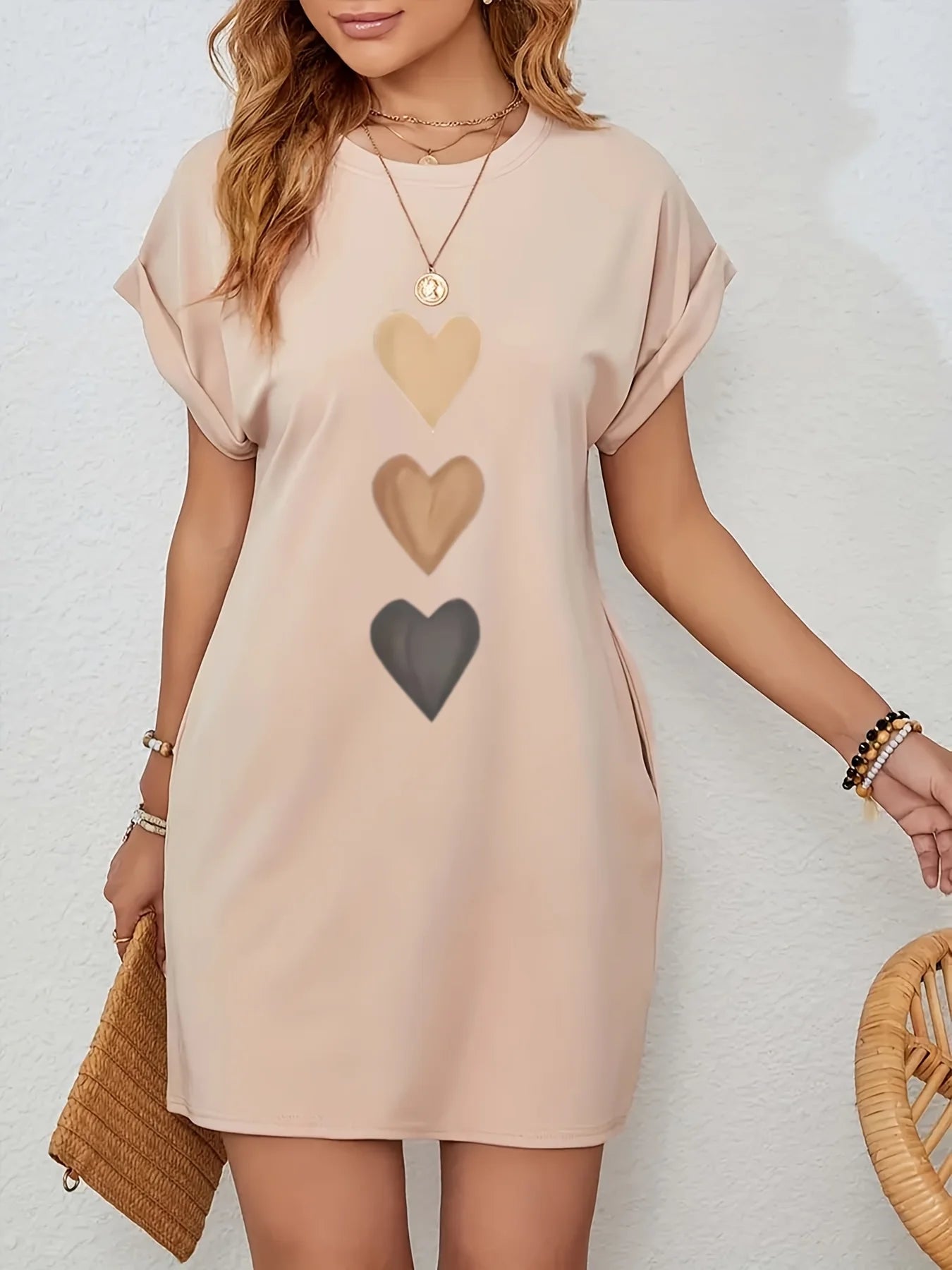 Women'S Casual Knit TShirt Dress with Heart Print Crew Neck Short Sleeve Fashionable Top Black with Colorful Flag Design Gold