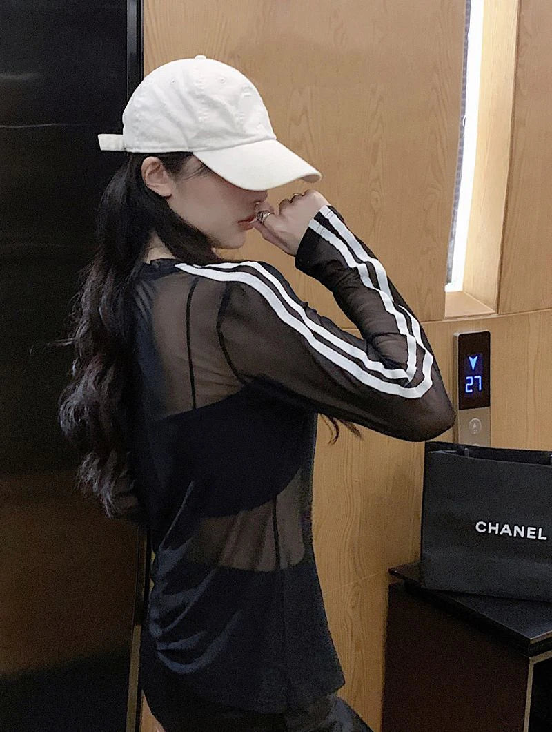 Y2K Sheer Sun-Proof Shirts Women Striped Long Sleeve T Shirts Streetwear See Through Mesh Blouses Korean Sun Protection Tops New