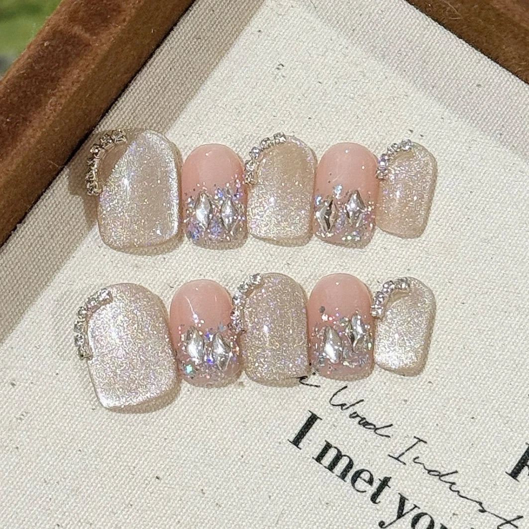 10Pcs Handmade French Nails Tips Elegant Cat Eye Gold Stripes Edge Design with Flowers Rhinestone Pink Glitter Wearable Manicure 3 Size S