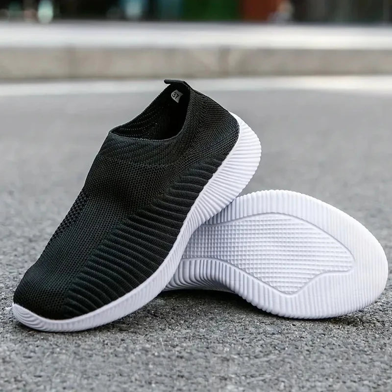 Women's Solid Color Sneakers Breathable Mesh Woven Outdoor Lightweight Low Top Walking Running Sports Socks Shoes Black White
