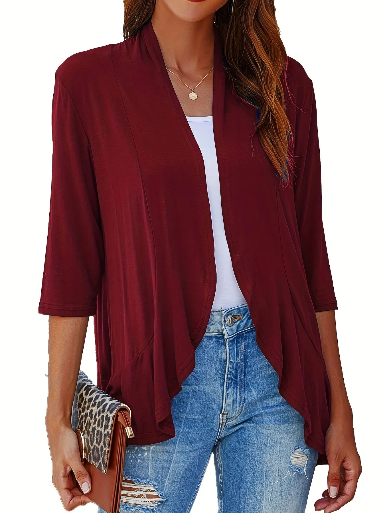 Plus Size V-neck Loose Pleated Cardigans Casual Frill Solid 3/4 Sleeve Spring Summer Fall Cardigan Plus Size Women's Clothing Burgundy