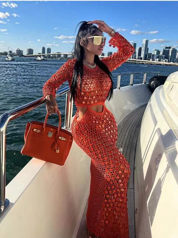 Joskaa Fishnet Knitting Hollow Sequins Maxi Dress Sexy See Through Holiday Long Sleeve Slim Summer 2023 Vacation Beach Dresses Orange