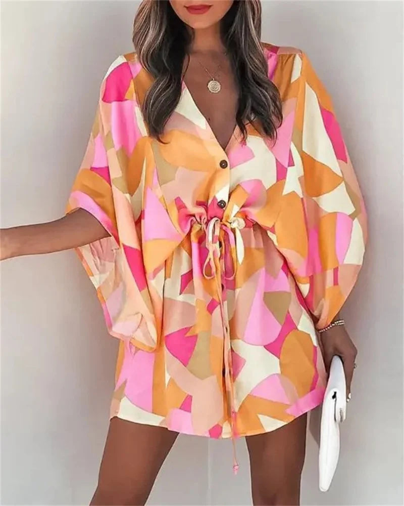 Women Print Dress Sexy V-Neck Bat Sleeve Ruffl Flowers Print Bohemian Beach Sundress Ladies Loose Summer Vacation Mini Dresses Pink