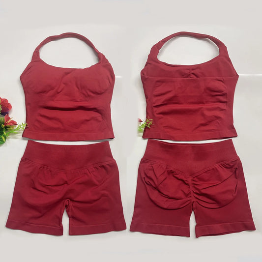 two piece DF yoga clothing set outfits woman yoga Impact Halter Top and spors shorts 4.5 inch Gym workout sets pilates clothes Badiee Stylez