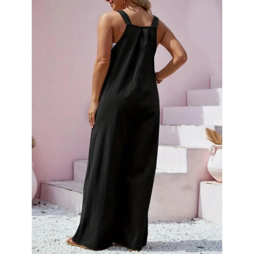 Plus Size New Women's Summer Solid Color Jumpsuit Elegant High Waist Casual Long Jumpsuits