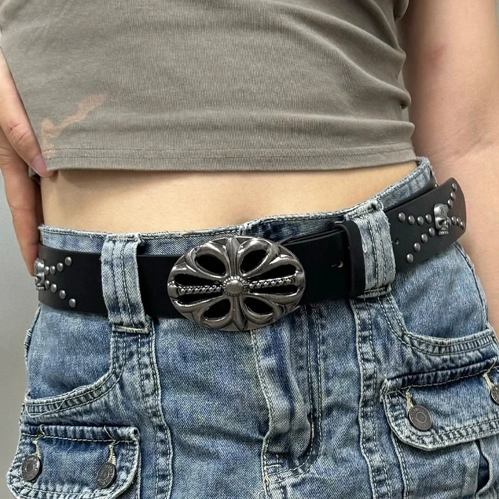 New Men's Belt Bohemian Style Vintage Inlaid Skeleton Head Women's Belt Riveted Belts Six Star Belt Punk Rock Sexpot Y2K Belts