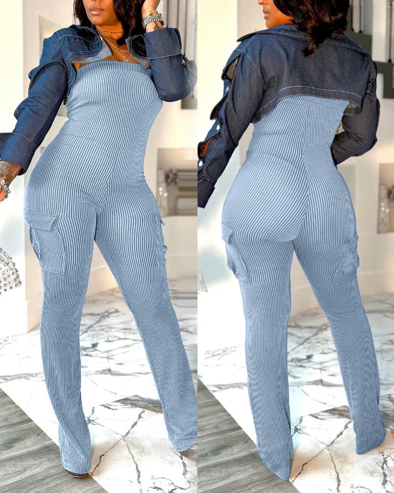 Women's Jumpsuit 2024 Summer Elegant Casual Striped Printed Spaghetti Strap Tie Details Mid Waisted Tight Fit Cropped Jumpsuit F