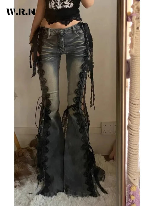 Retro Eyelets Lace Up Flare Jeans Stitch Lace Whiskers Low Rise Split Bootcut Pants Women Bell Bottoms Streetwear Y2k Aesthetic