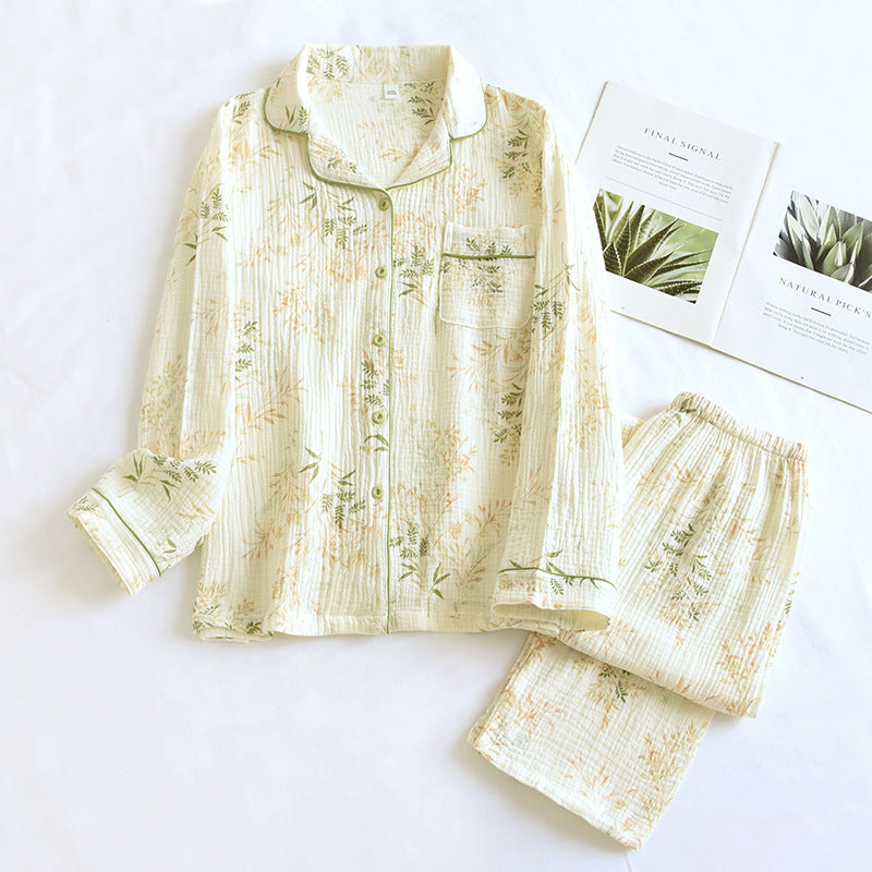 2025 New Spring and Autumn Women's Pajama Set 100% Cotton Crepe Printed Long Sleeve Pants Two Piece Home Suit Set Sleepwear