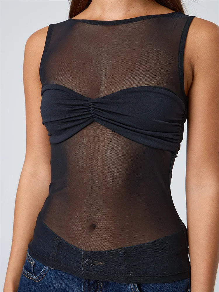 CHRONSTYLE Sexy Women Mesh Sheer See Through Tank Tops Sleeveless Round Neck Solid Color Slim Fit Ruched Patchwork Vest 2025 New B