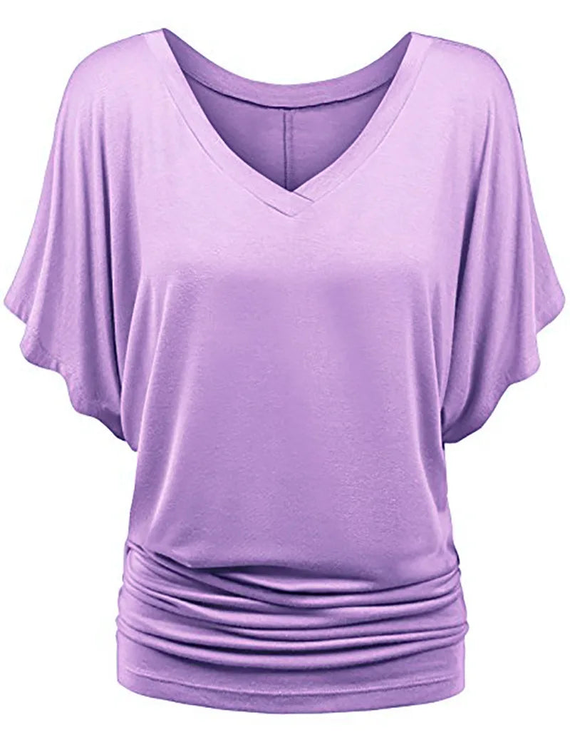 Women V Neck Short Sleeve Pleated Loose T-shirts Summer Lady Batwing Sleeve Oversized S-5XL Tee Shirt Tops OUYMFZ-A1375