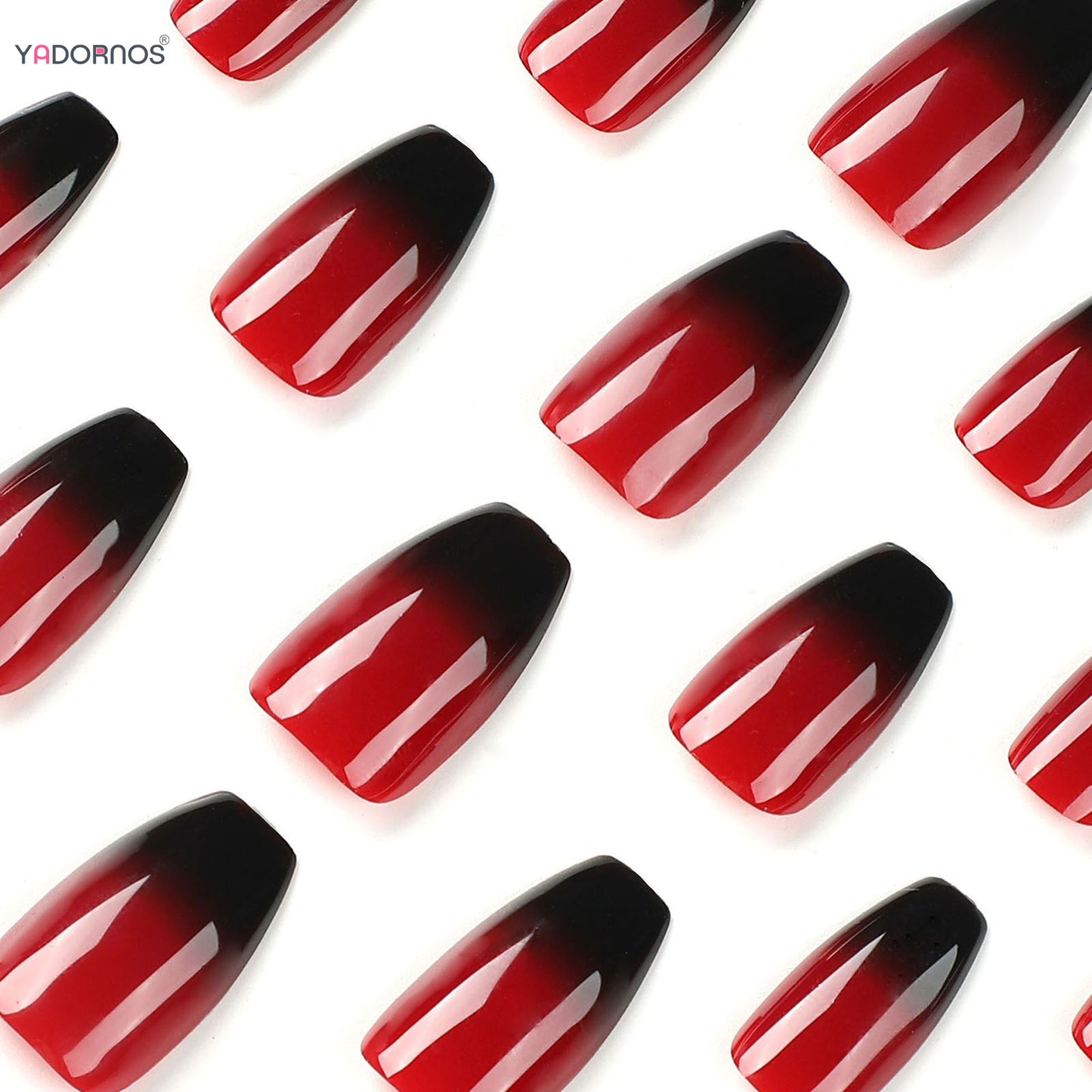 Red Black Gradient Press on Nails Medium Length Coffin Fake Nails with Sticky Tabs Ballerina False Nails Tips for Women 24Pcs