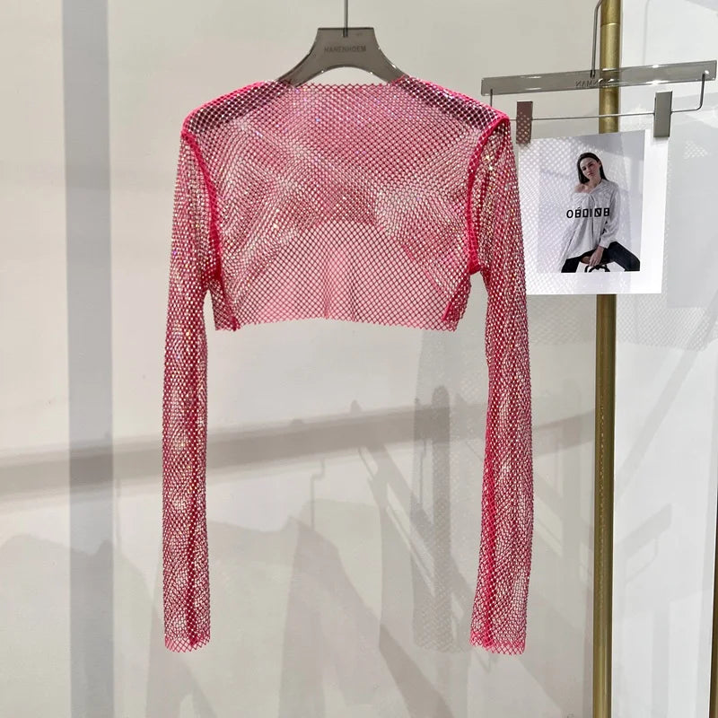2023 new sexy bright diamond short top Slim thin Ms. hot drill long-sleeved T-shirt sexy leak waist nightclub Rose-Red One Size