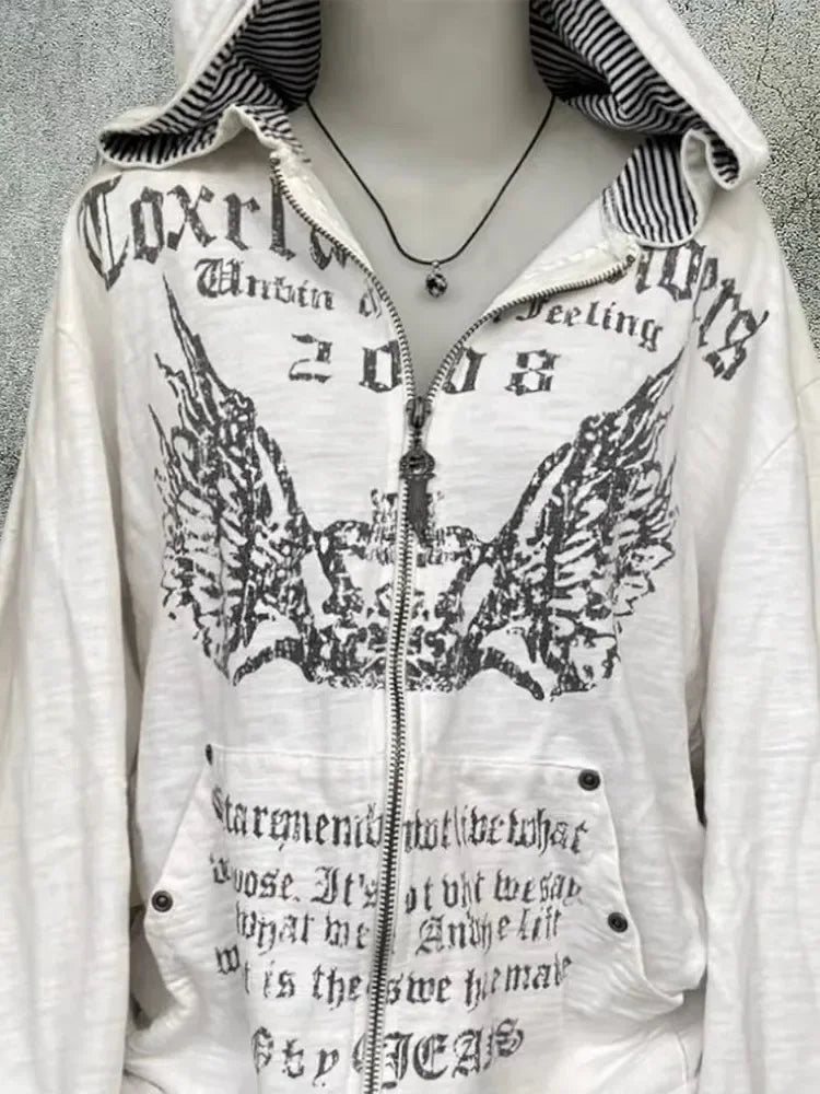 American Retro Printed Zipper Sweatshirt Women's Y2K New Harajuku Hip Hop Goth Casual Joker Long Sleeve Zipper Hoodie Streetwear