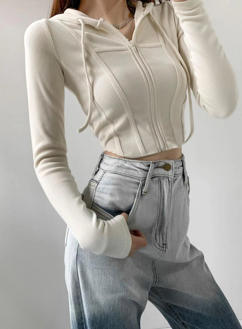 Thin Hooded Cardigan Women Korean Vintage Slim Summer Solid Sports Jacket Vertical Pit Stripe Zipper Female Sexy Cropped Tops