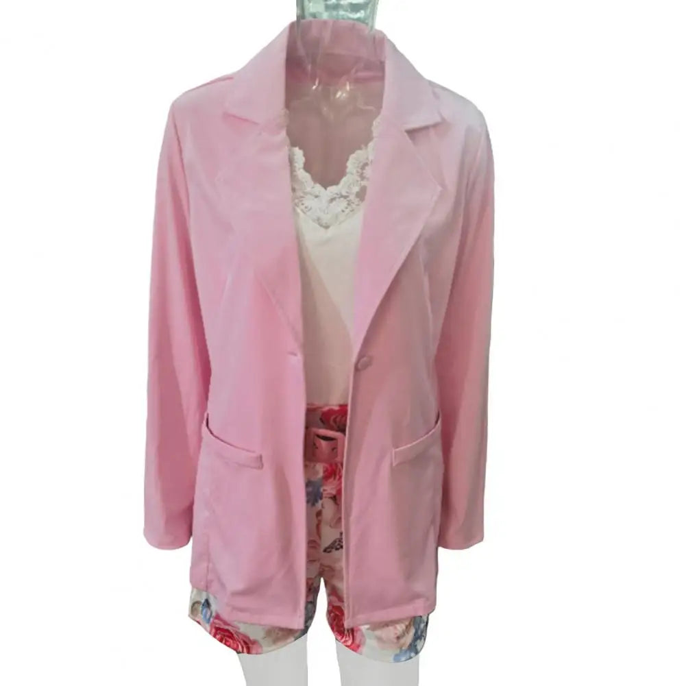 2 Pcs/Set Women Coat Shorts Set Solid Color Long Sleeves Female Outfit Set Flower Print Turn-down Collar Lady Top Shorts Suit