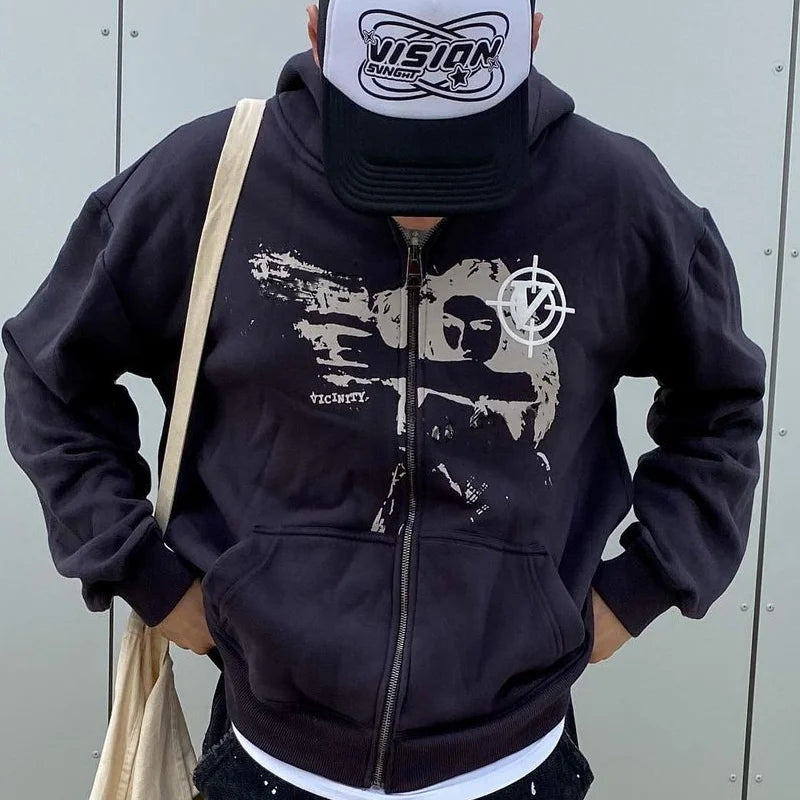 Y2K Rhinestone Cobweb Zip Up Oversized Sweatshirt 2022 Autumn Goth Hoodie Men Women Grunge Hooded Jacket Streetwear Y2K Clothing nz644