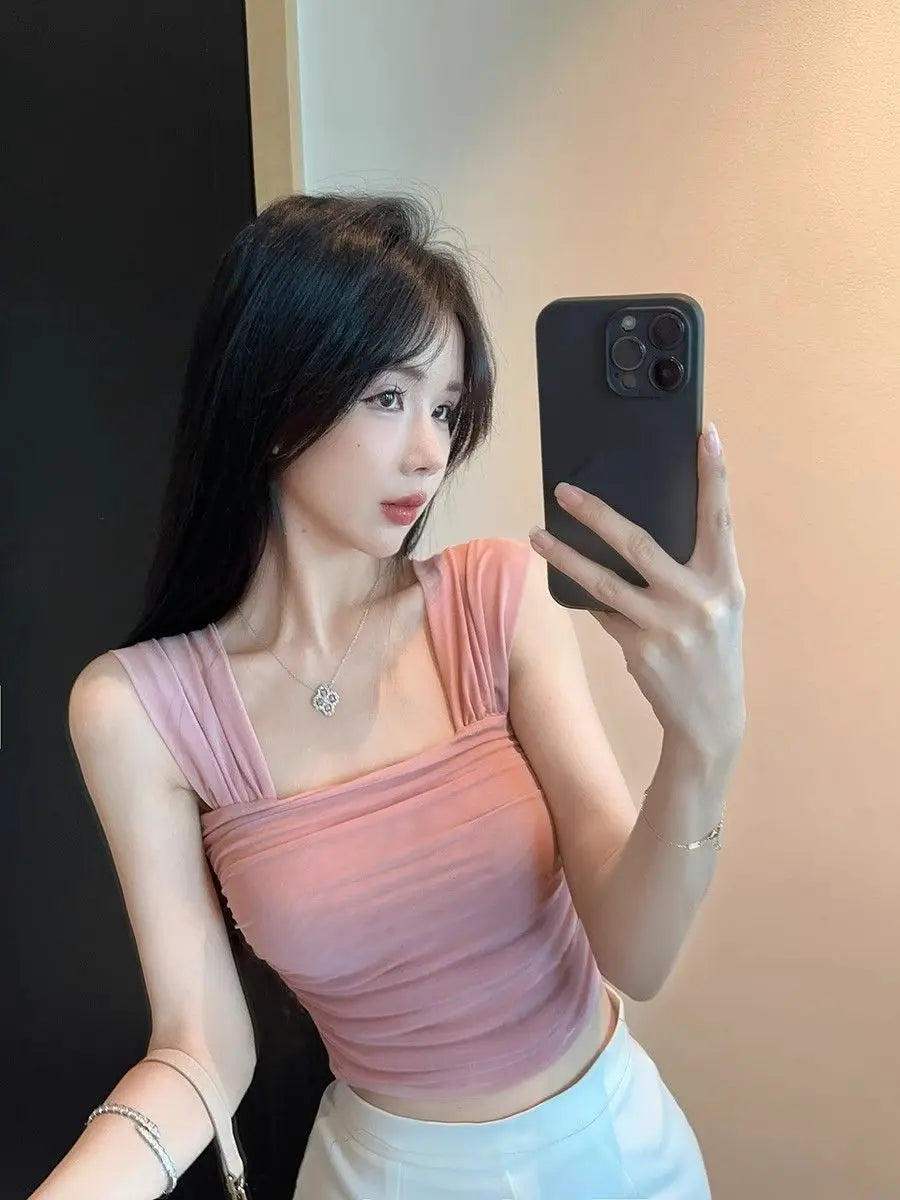 Women Clothing Summer Fashion Korean Solid Color Square Collar Ladies Simplicity All-match Appear Thin Short Sleeve Cotton Tops