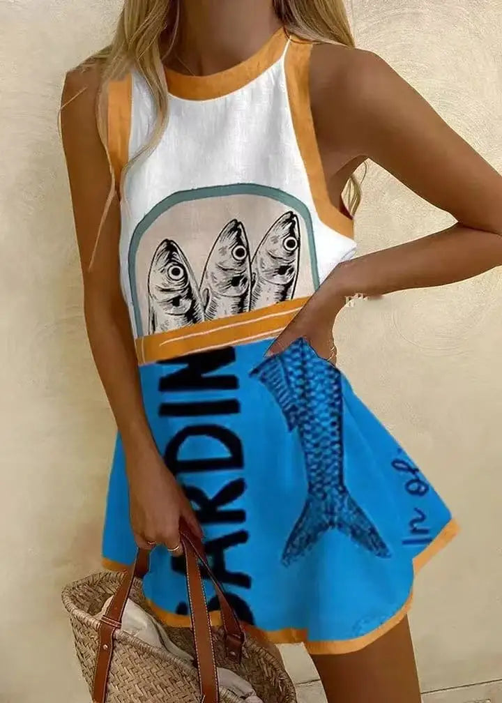 Women Sleeveless Dress Cute Sardines Fish Graphic Print Summer New Short Dress Beach Vacation Party Girl Skirts Dress 3