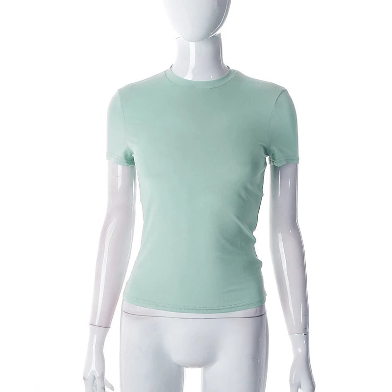 2023 Spring New Short Sleeve T-Shirt Women Solid Simple Casual Soft All-Match Hot Basic Crop Tops Tees Summer Fashion green