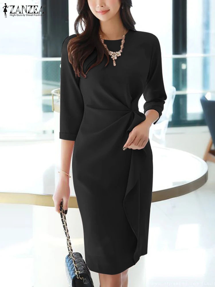 ZANZEA Elegant Office OL Dress Summer Women Half Sleeved Party Sundress Solid Knee Length Robe Fashion Holiday Work Vestidos black