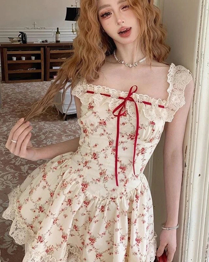 Y2K Sweet Floral Dress Set Woman Casual Red Short Cardigan Elegant Lace Mini Dress Female Korean Prairie Chic Clothing Suit