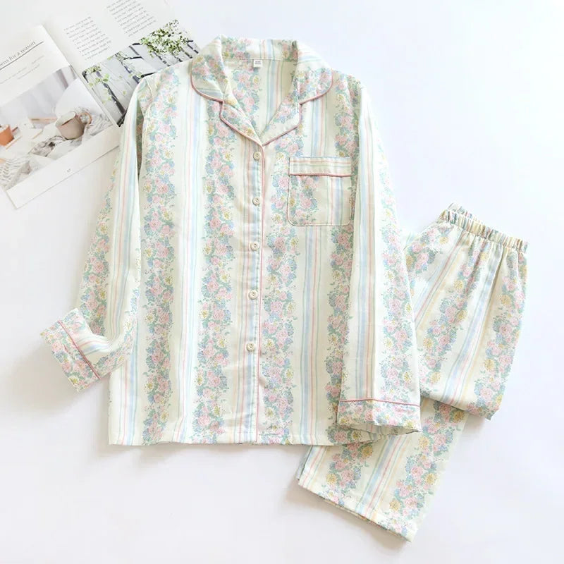 2025 Japanese New Women's Pajama Set 100% Cotton Gauze Long Sleeve Long Pants Two Piece Set Fresh and Sweet Thin Home Clothing 02