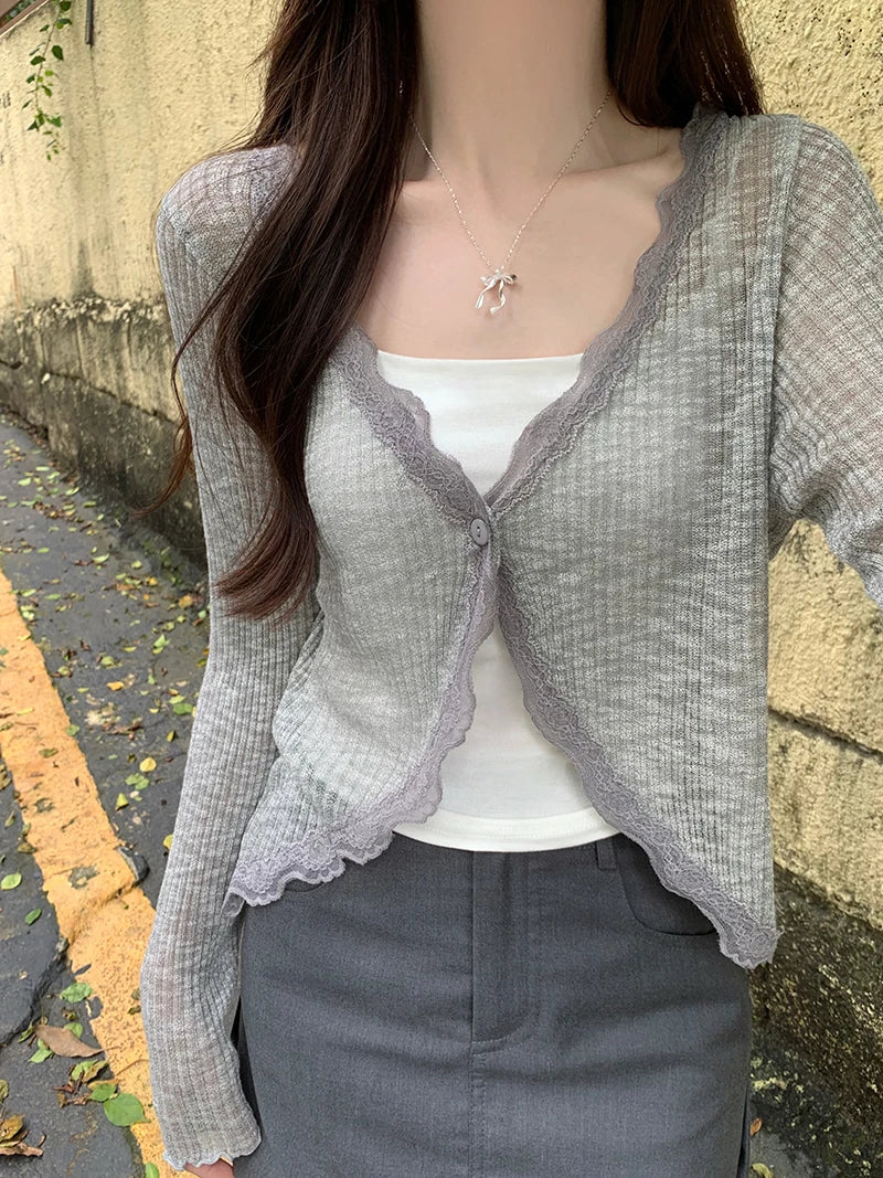 Lace Trim One Button Long Sleeve Crop Top Women Short Sleeve Open Front Ribbed Knit Cardigan Sweater Summer Fairycore Outfit GRAY One Size