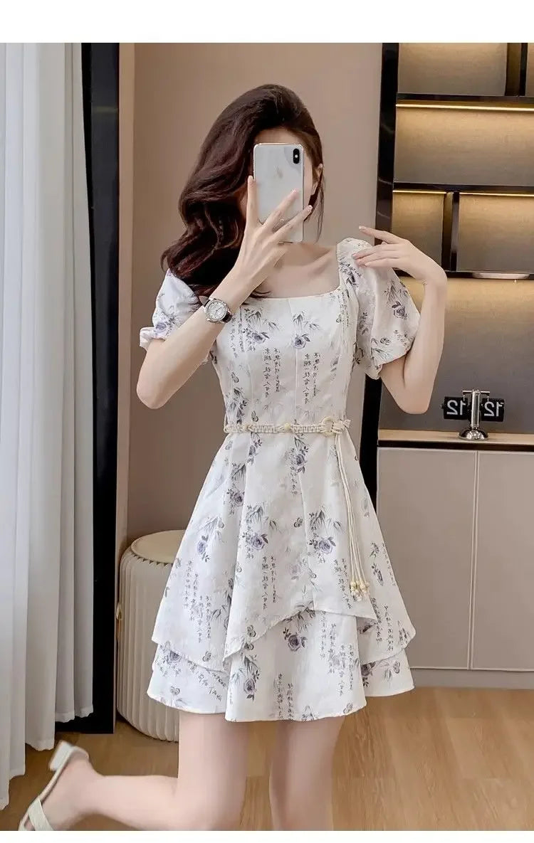 Square Neck Short-sleeved Women 2025 Summer New Chinese Puff Short-sleeved Retro Waist-hugging A-line Dress