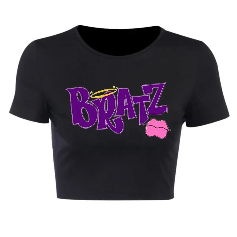 Streetwear 90s Summer New Y2k Women's Clothing Bratz Letter Printing Black Crop Tops O-neck Vintage Casual Short Sleeve T-shirts 30257-black-luqiz