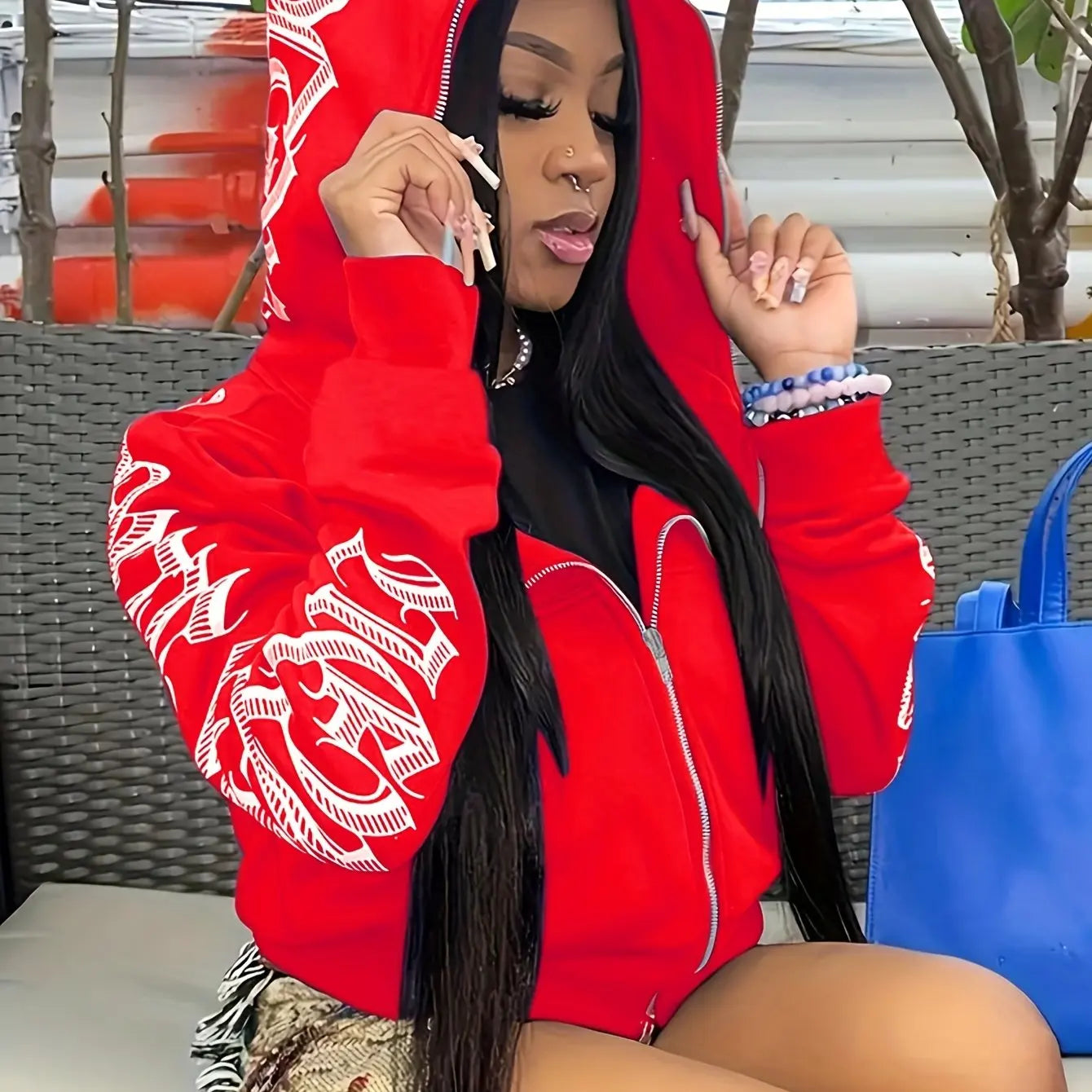 Letter Print Long Sleeve Zip Up Hoodies, Cyber Y2K Gothic Punk Sweatshirt, Women's Clothing Red