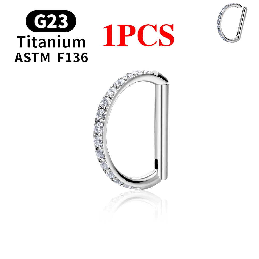 1/10PCS F136 G23 Titanium Piercing Nose Ring D Shape Hinged Segment CZ 16G Clicke Cartilage Tragus Helix Earrings Body Jewelry 1PCS Silver Color 3 CHINA