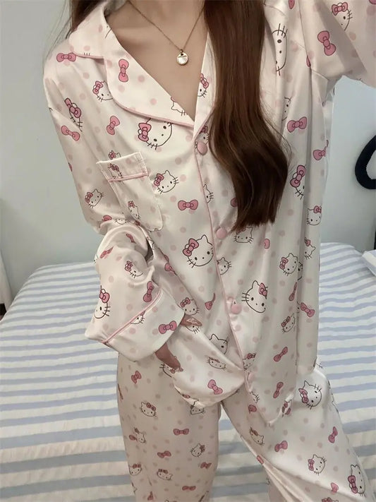 Hello Kitty Women's Sweet Polka Dot Pajama Set - Spring/Fall Long Sleeve & Pants Loungewear, Cute Home & Outdoor Wear