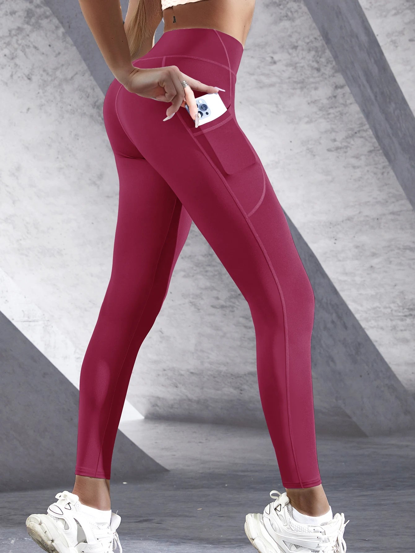 New High Waist Women's Leggings Stretch Yoga Pants Tights With Pockets Push Up Fitness Running Sportswear Solid Color Pants Wine red