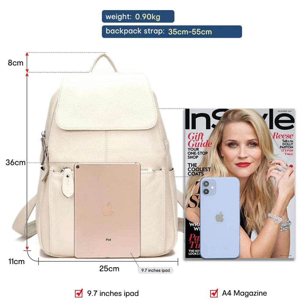 Zency Genuine Leather Women Backpack High Quality Large Capacity Travel Bag Knapsack Schoolbag Shoulder For Ladies Beige Black